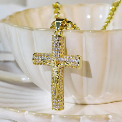 Gold-Plated Cross Necklace for Men Advanced Nanotech Tarnish-Free Cuban Figaro Rope Miami Chains with Jesus Crucifix Pendant