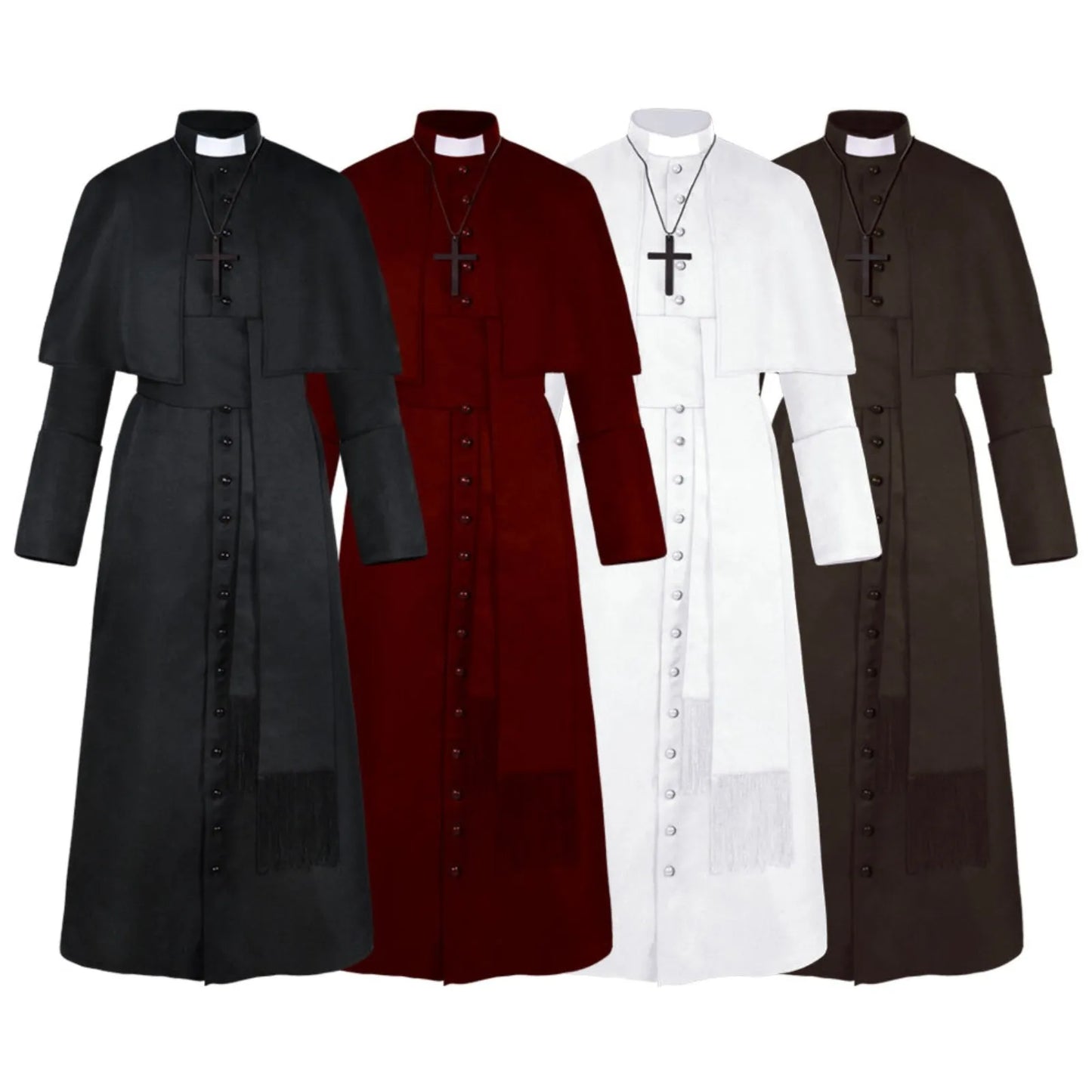 Men's Traditional Roman Catholic Clergy Cassock Robe Set – Complete Liturgical Vestment with Shoulder Cape, Cincture Belt, and Cross Pendant