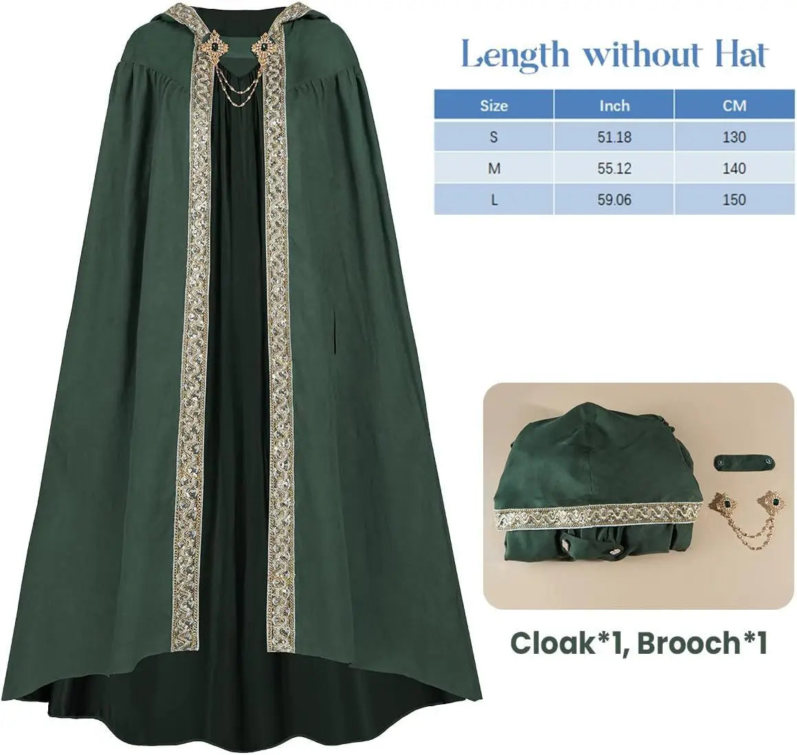 Premium Unisex Medieval Hooded Elven Cloak – Royal Embroidered Velvet Trim Cape with Jeweled Brooch