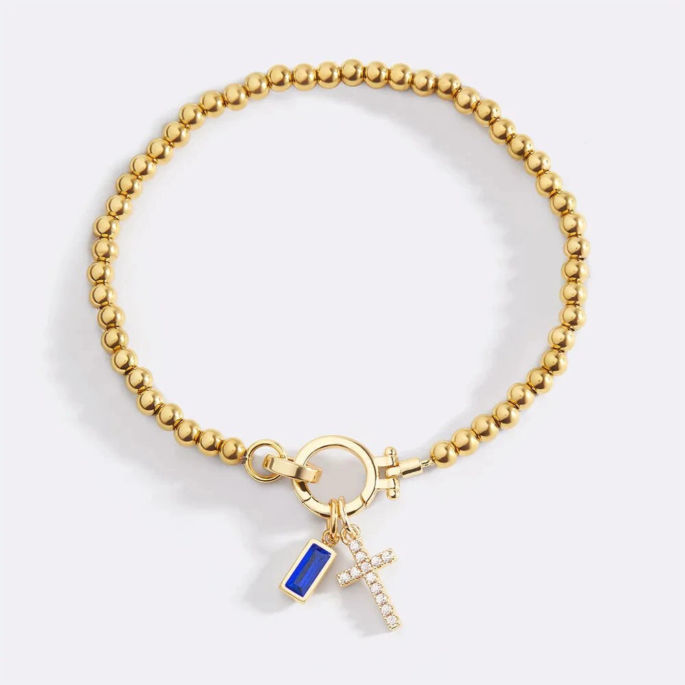 Vintage Cross Birthstone Charm Bracelet — 18K Gold Plated