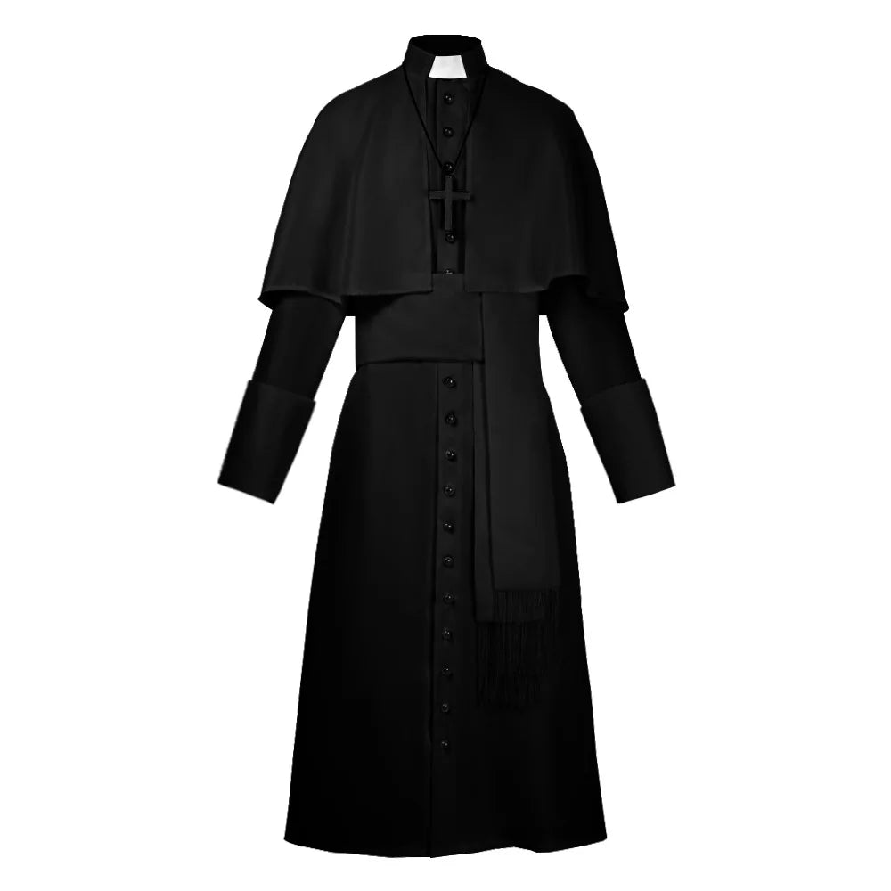 Men's Traditional Roman Catholic Clergy Cassock Robe Set – Complete Liturgical Vestment with Shoulder Cape, Cincture Belt, and Cross Pendant
