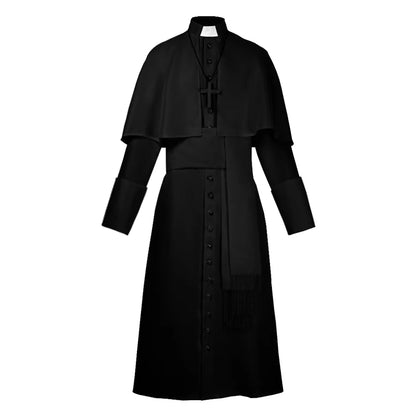 Men's Traditional Roman Catholic Clergy Cassock Robe Set – Complete Liturgical Vestment with Shoulder Cape, Cincture Belt, and Cross Pendant