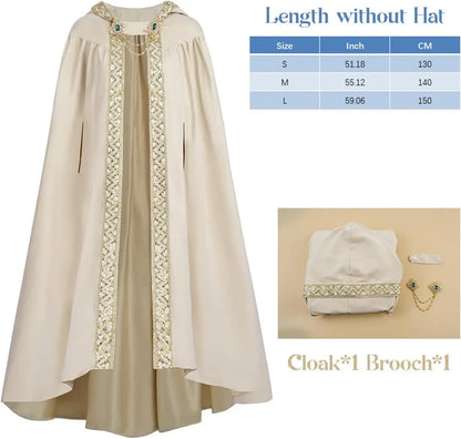 Premium Unisex Medieval Hooded Elven Cloak – Royal Embroidered Velvet Trim Cape with Jeweled Brooch