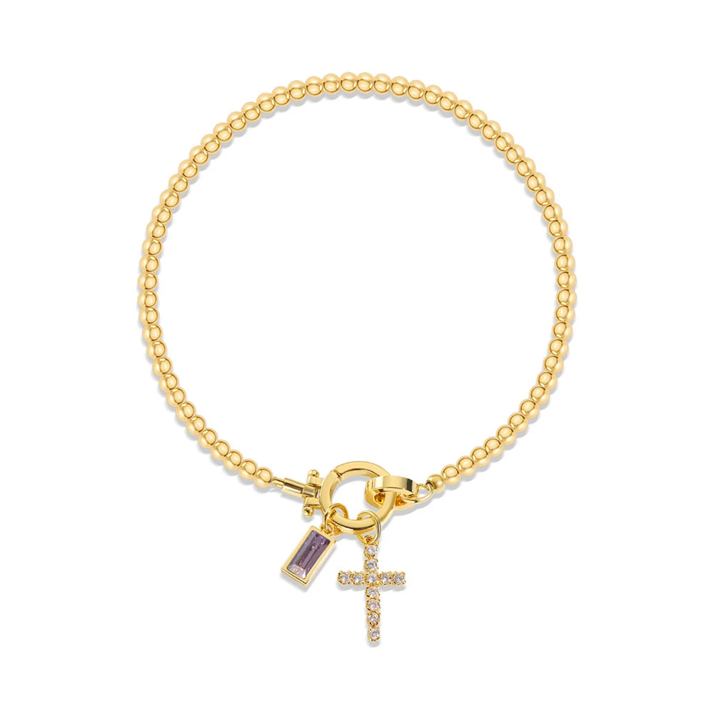 Vintage Cross Birthstone Charm Bracelet — 18K Gold Plated