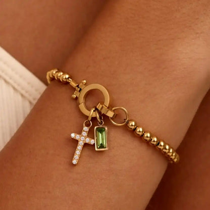 Vintage Cross Birthstone Charm Bracelet — 18K Gold Plated