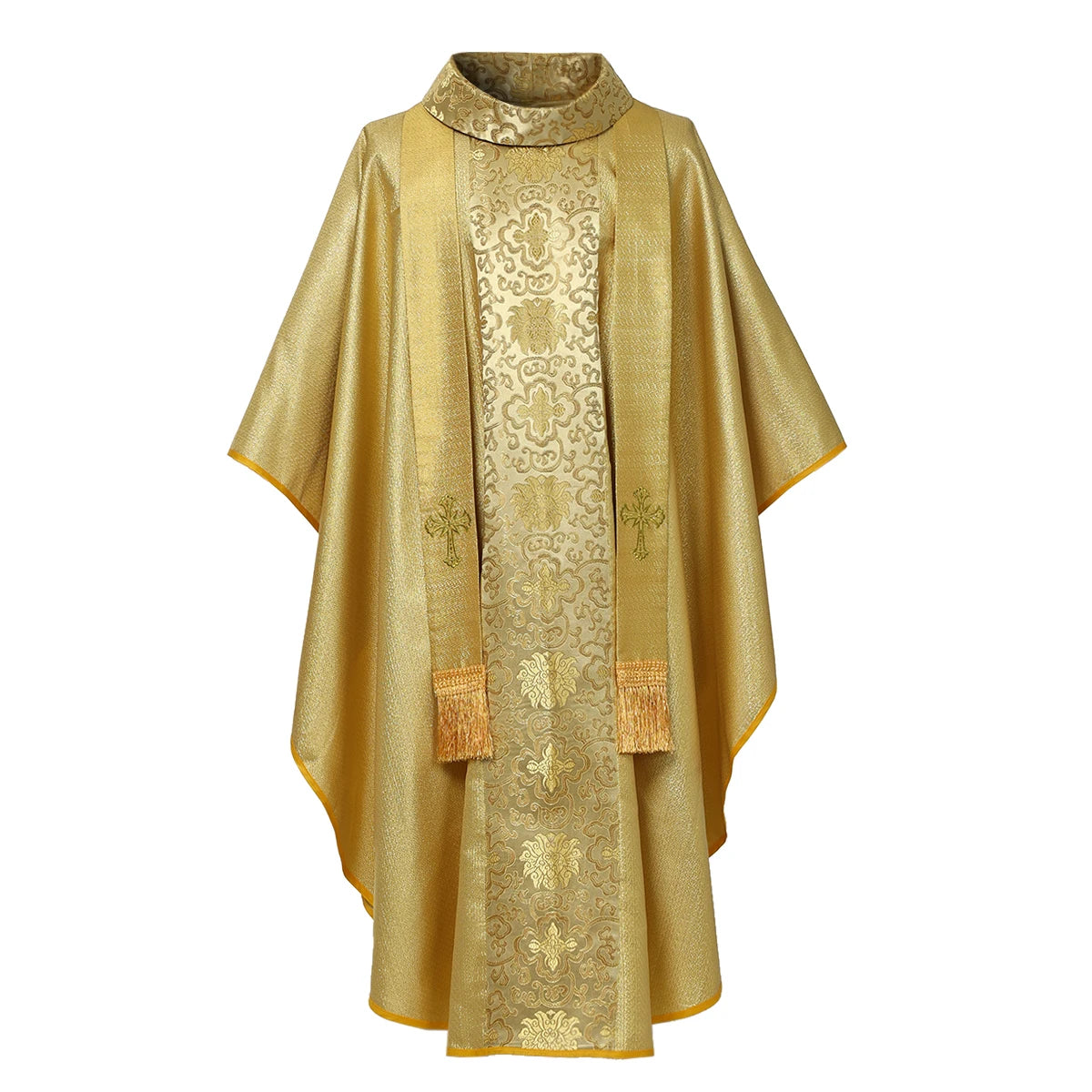 Premium Men's Gothic Chasuble Vestment Set – Metallic Jacquard Mass Gown with Cowl Neck and Fringed Stole