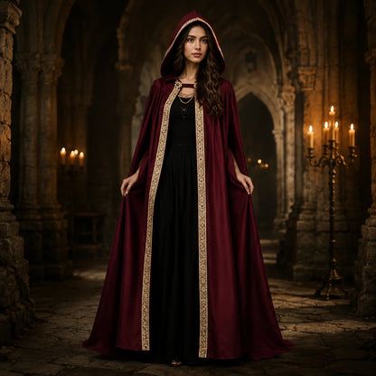 Premium Unisex Medieval Hooded Elven Cloak – Royal Embroidered Velvet Trim Cape with Jeweled Brooch