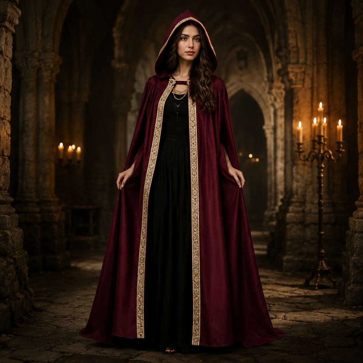 Premium Unisex Medieval Hooded Elven Cloak – Royal Embroidered Velvet Trim Cape with Jeweled Brooch