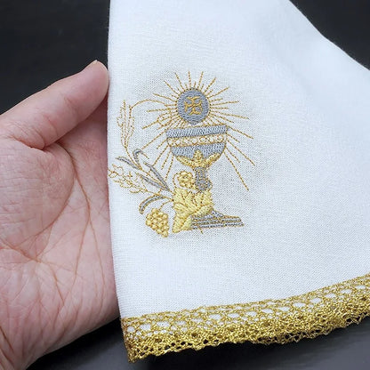 Sacred Embroidered Chalice Veil and Paten Cover – Liturgical Altar Vessel Cloth with Cross Finial