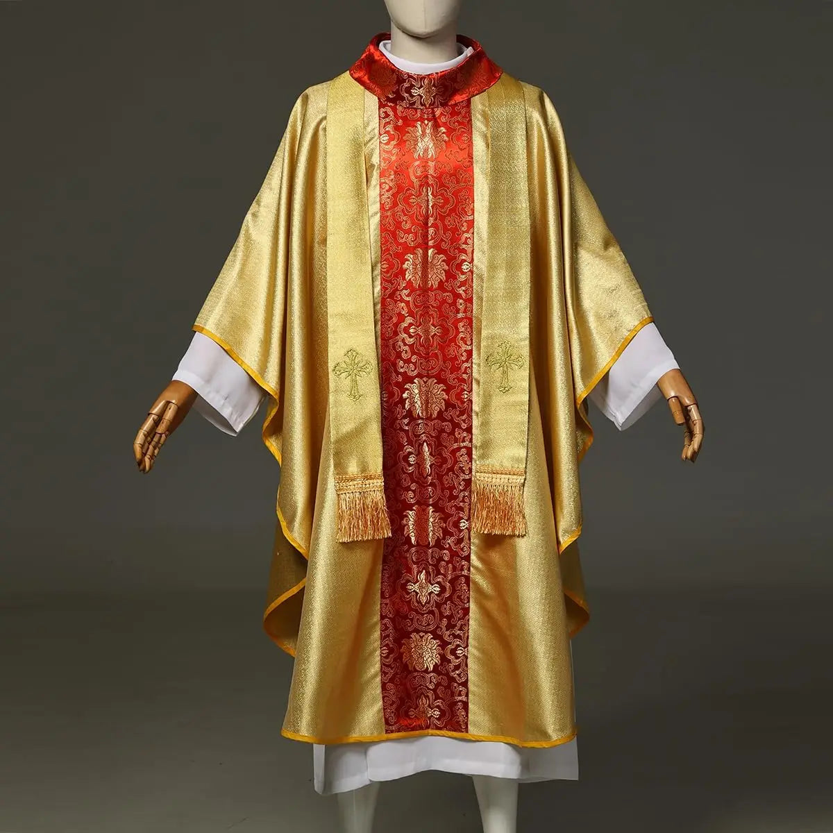 Premium Men's Gothic Chasuble Vestment Set – Metallic Jacquard Mass Gown with Cowl Neck and Fringed Stole