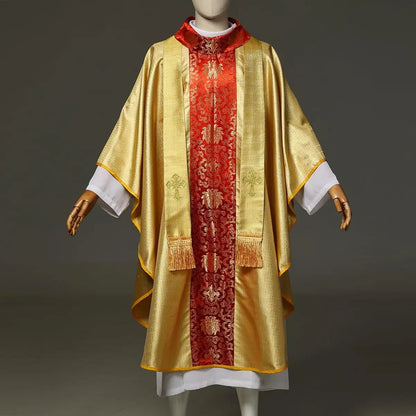Premium Men's Gothic Chasuble Vestment Set – Metallic Jacquard Mass Gown with Cowl Neck and Fringed Stole