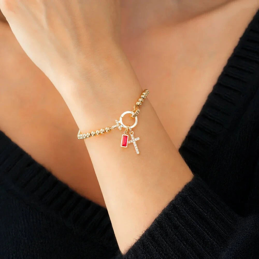 Vintage Cross Birthstone Charm Bracelet — 18K Gold Plated