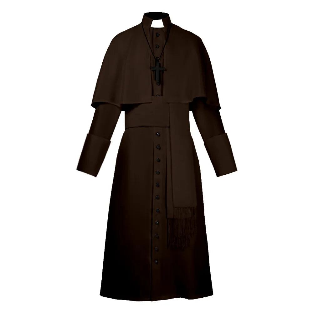 Men's Traditional Roman Catholic Clergy Cassock Robe Set – Complete Liturgical Vestment with Shoulder Cape, Cincture Belt, and Cross Pendant