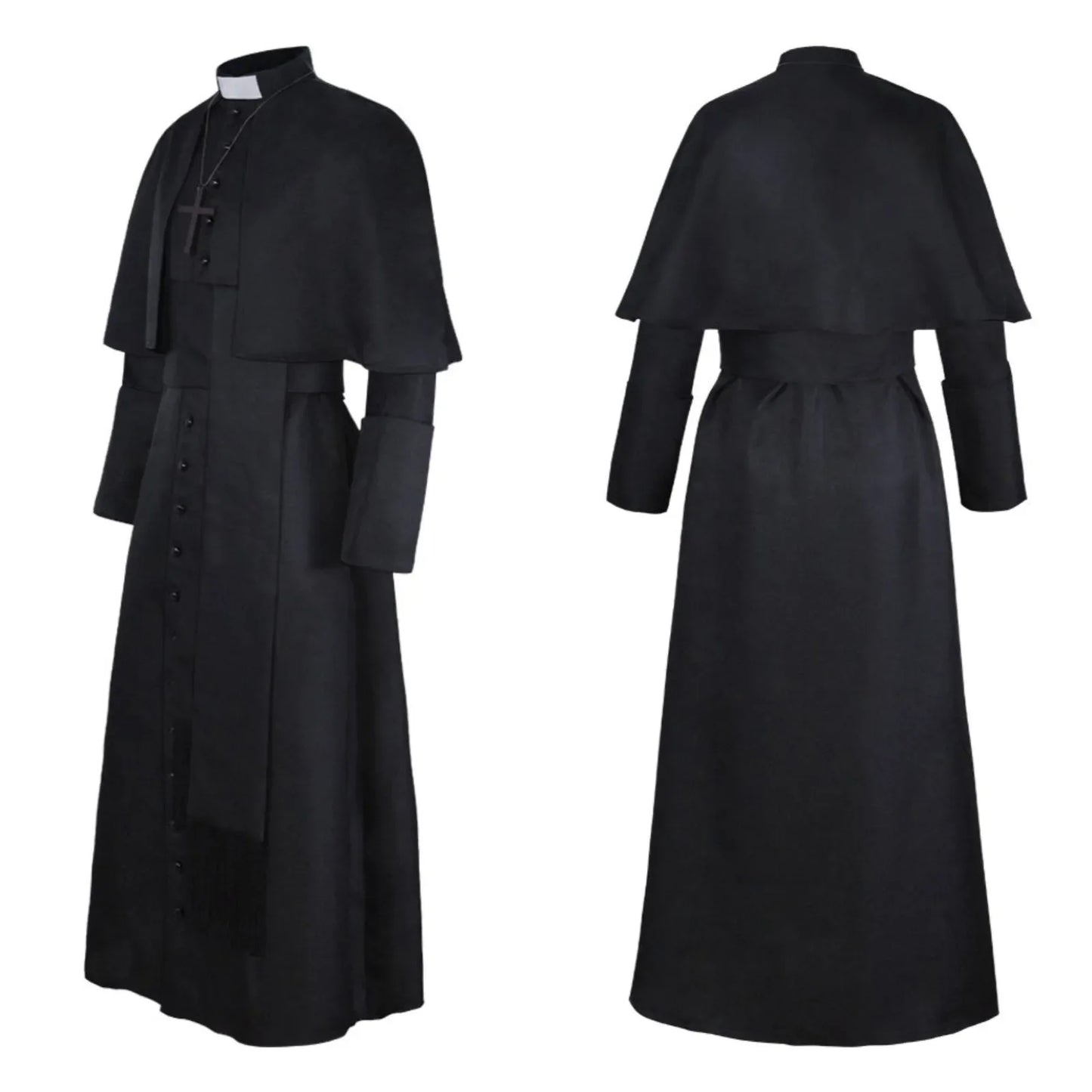 Men's Traditional Roman Catholic Clergy Cassock Robe Set – Complete Liturgical Vestment with Shoulder Cape, Cincture Belt, and Cross Pendant