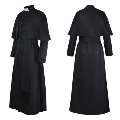 Men's Traditional Roman Catholic Clergy Cassock Robe Set – Complete Liturgical Vestment with Shoulder Cape, Cincture Belt, and Cross Pendant
