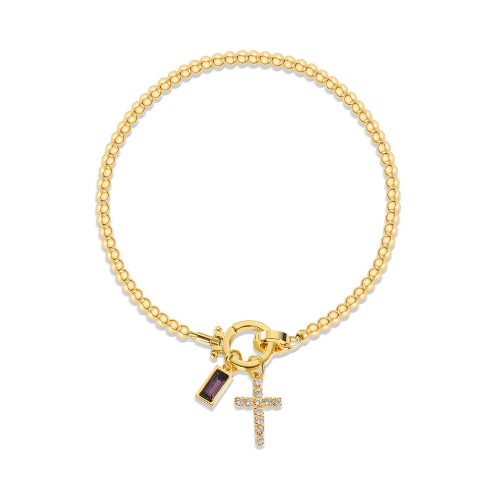 Vintage Cross Birthstone Charm Bracelet — 18K Gold Plated