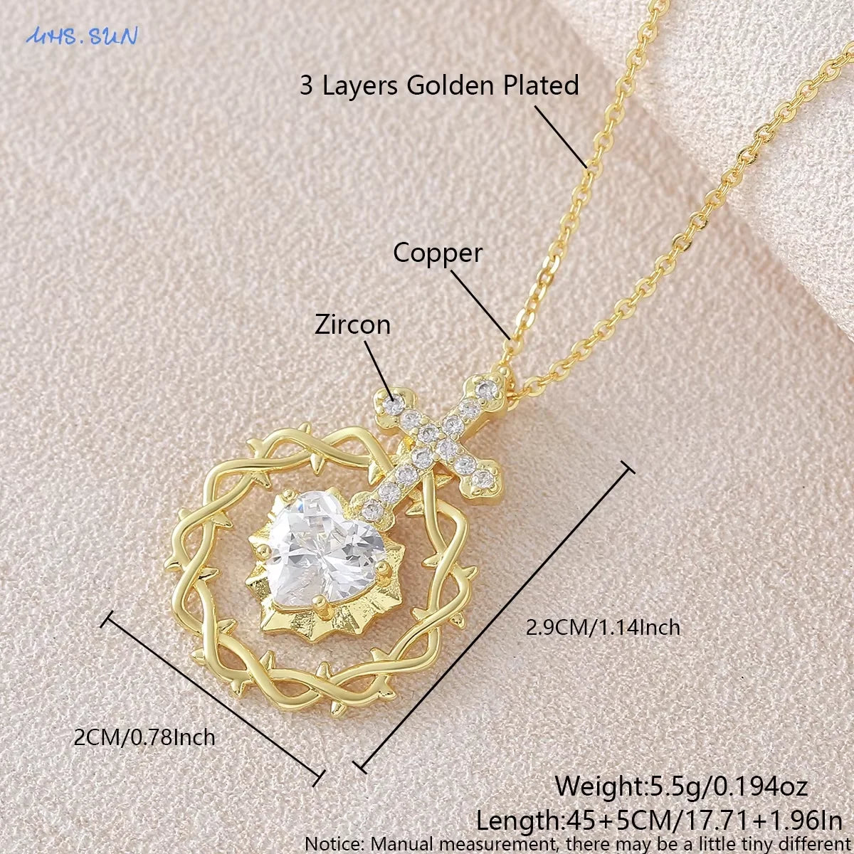 Sacred Heart Thorn Cross Pendant Necklace