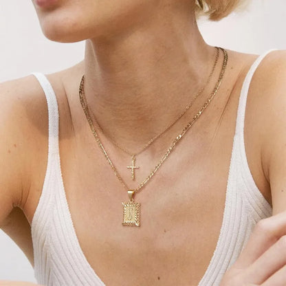 Layered Initial & Cross Necklace Set
