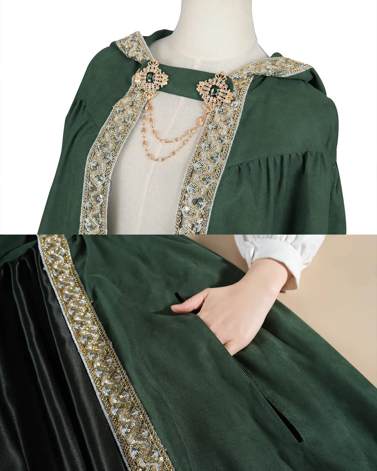 Premium Unisex Medieval Hooded Elven Cloak – Royal Embroidered Velvet Trim Cape with Jeweled Brooch