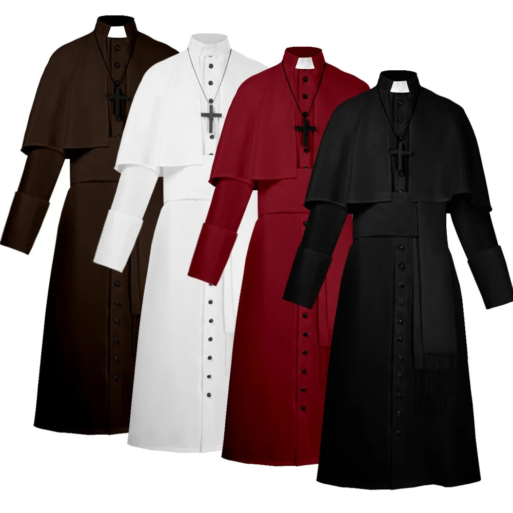 Men's Traditional Roman Catholic Clergy Cassock Robe Set – Complete Liturgical Vestment with Shoulder Cape, Cincture Belt, and Cross Pendant