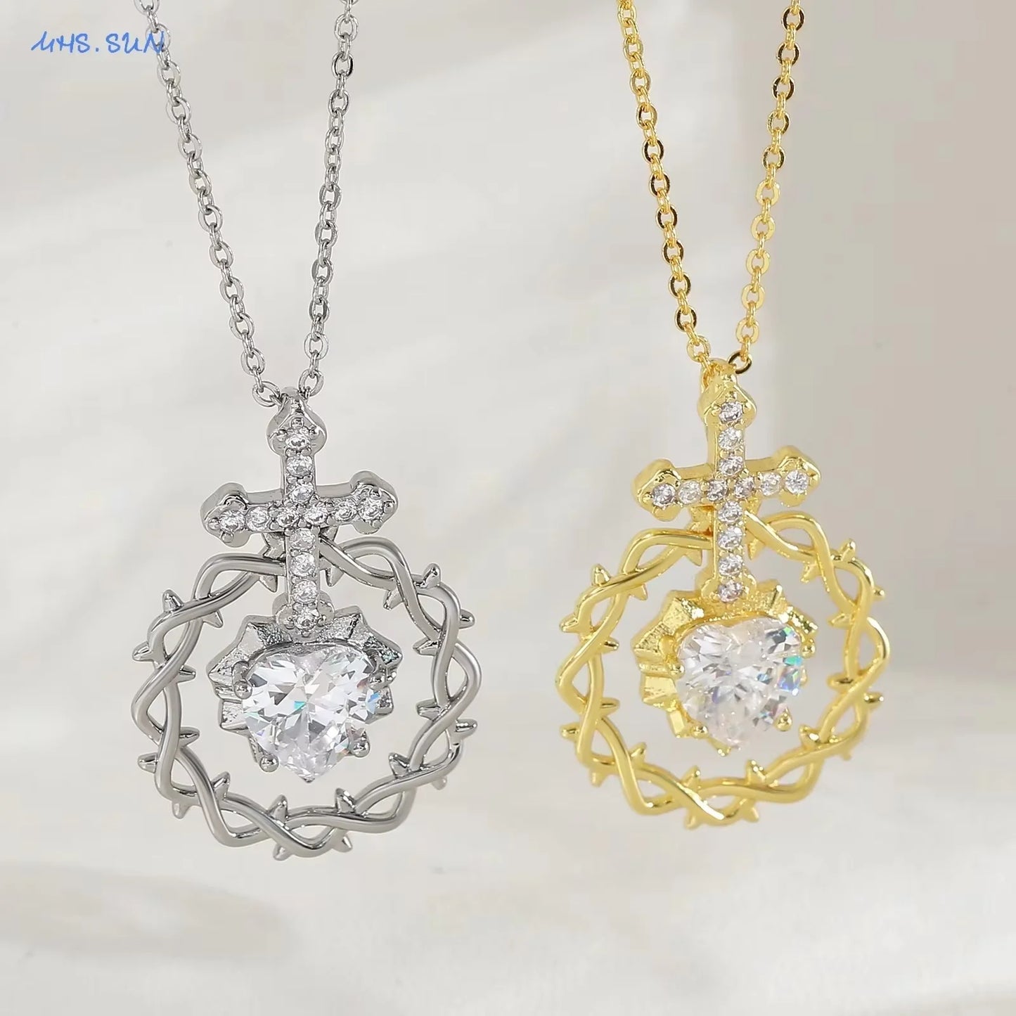 Sacred Heart Thorn Cross Pendant Necklace