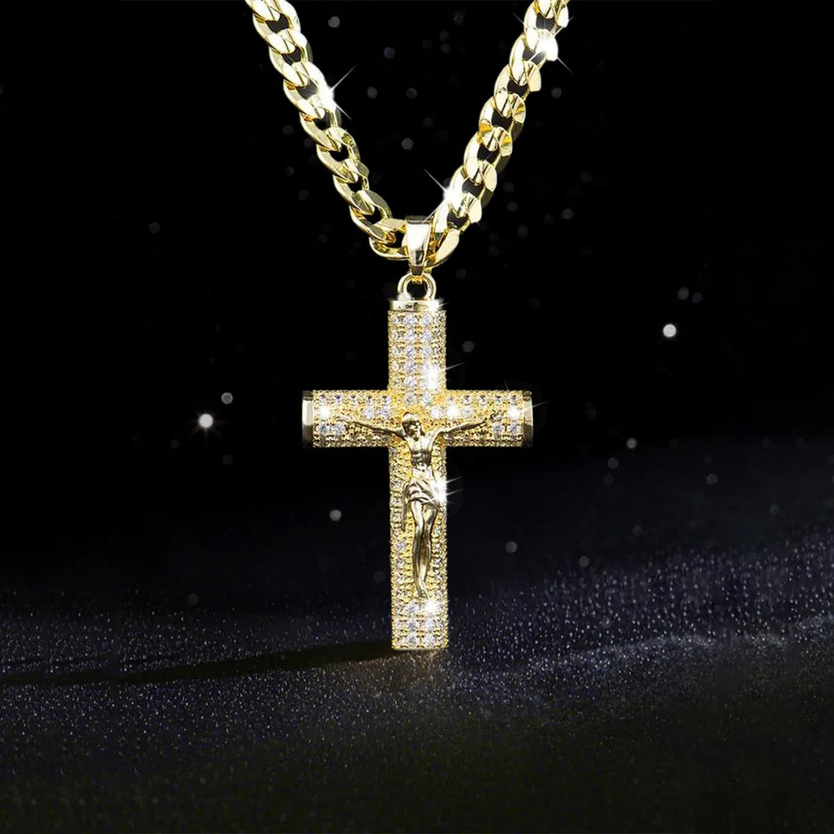 Gold-Plated Cross Necklace for Men Advanced Nanotech Tarnish-Free Cuban Figaro Rope Miami Chains with Jesus Crucifix Pendant