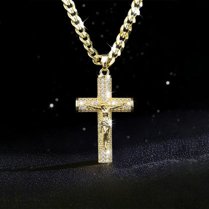 Gold-Plated Cross Necklace for Men Advanced Nanotech Tarnish-Free Cuban Figaro Rope Miami Chains with Jesus Crucifix Pendant