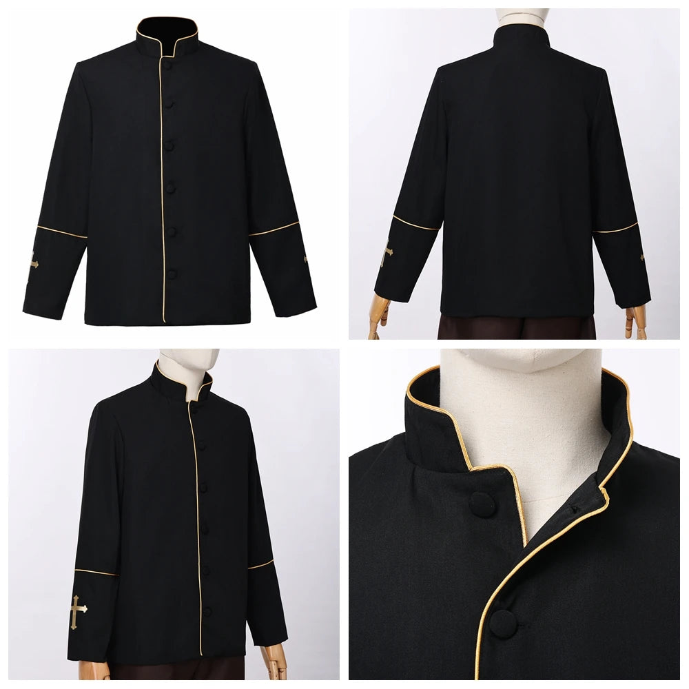 Men Priest Jacket Uniform Catholic Church Cross Pastor Minister Choir Costume