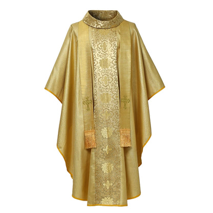 Premium Men's Gothic Chasuble Vestment Set – Metallic Jacquard Mass Gown with Cowl Neck and Fringed Stole