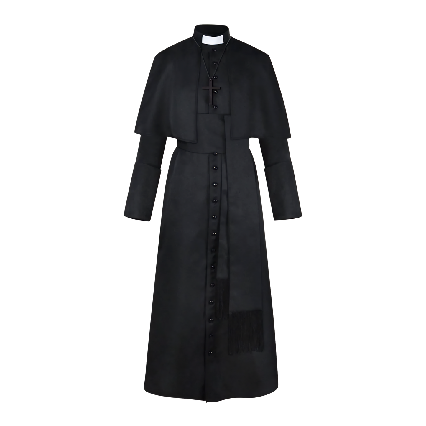 Clergy Cassock Robe Set — Complete Liturgical Vestment with Shoulder Cape, Cincture Belt, and Cross Pendant