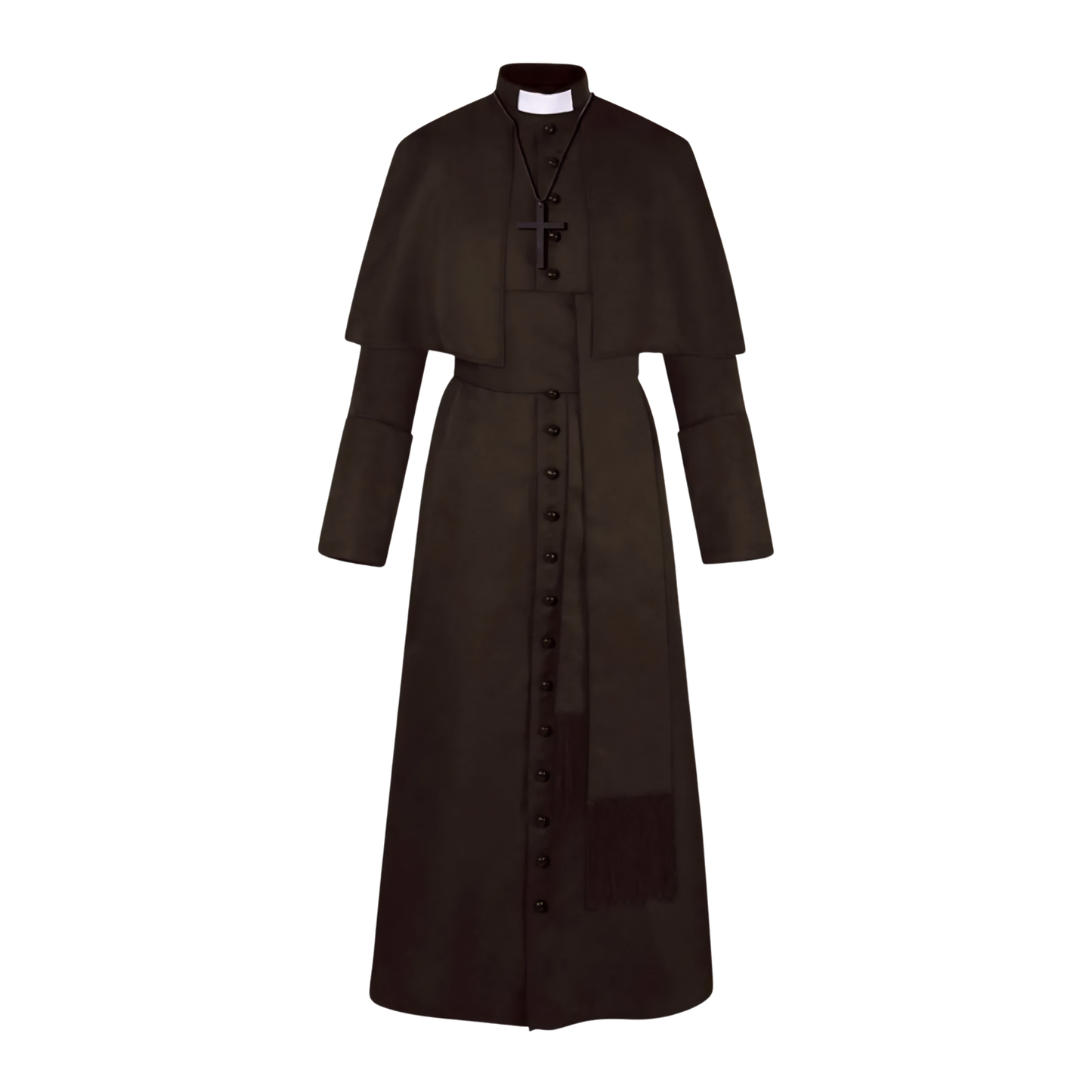 Clergy Cassock Robe Set — Complete Liturgical Vestment with Shoulder Cape, Cincture Belt, and Cross Pendant