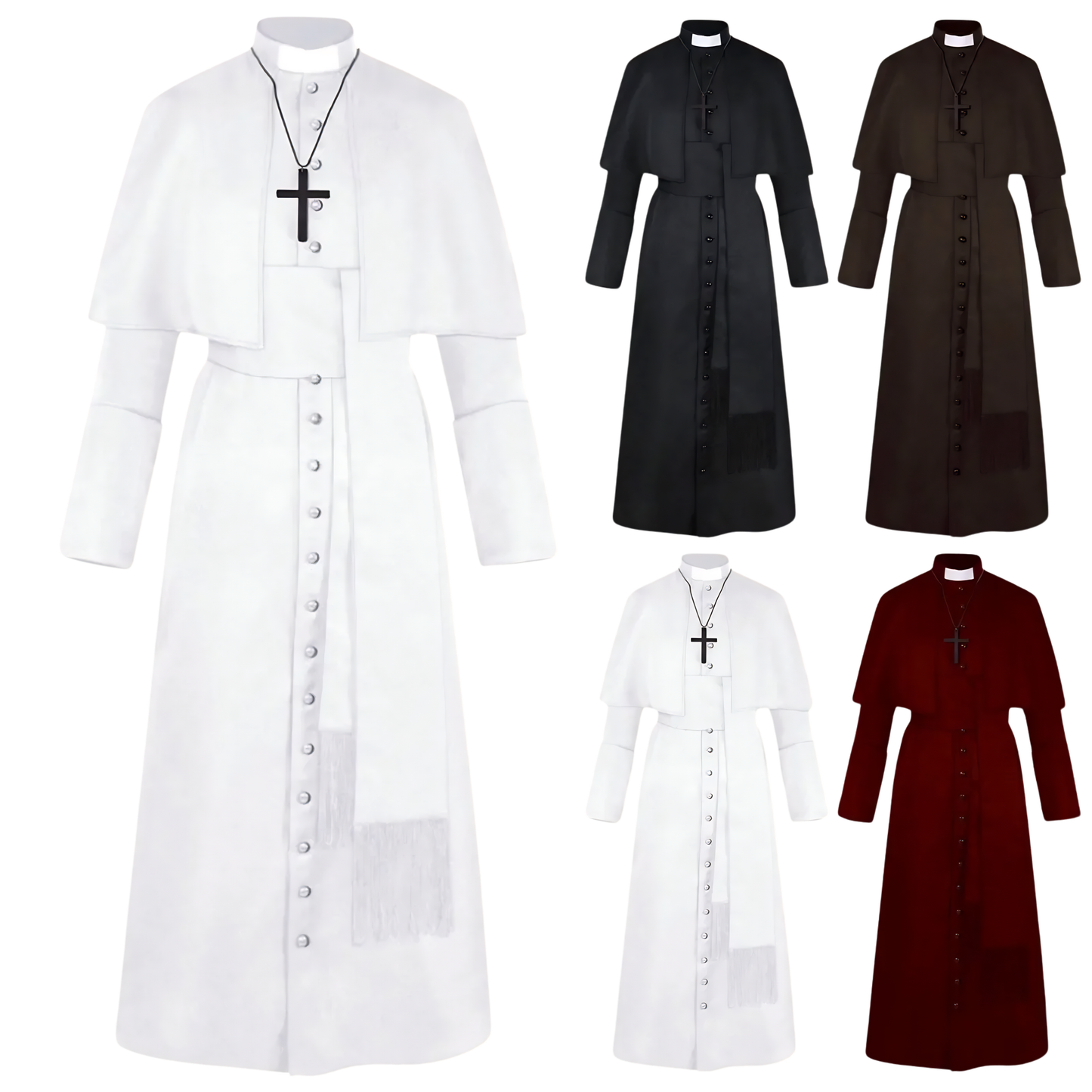 Clergy Cassock Robe Set — Complete Liturgical Vestment with Shoulder Cape, Cincture Belt, and Cross Pendant