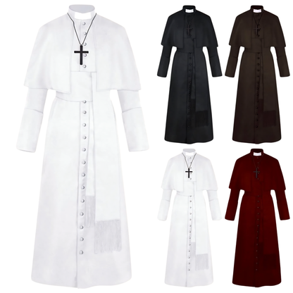 Clergy Cassock Robe Set — Complete Liturgical Vestment with Shoulder Cape, Cincture Belt, and Cross Pendant