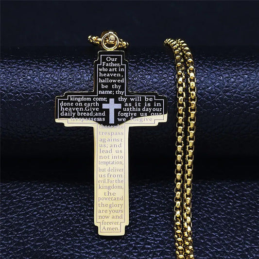 Stainless Steel Bible Pattern Cross Necklace Pendant for Men 