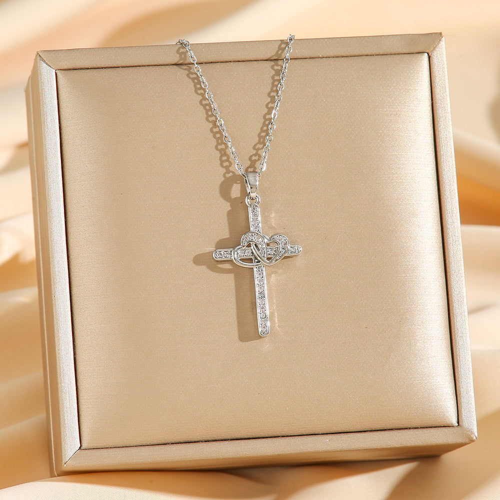 Cross Double Ring Love Heart Necklace