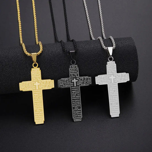 Stainless Steel Bible Pattern Cross Necklace Pendant for Men 
