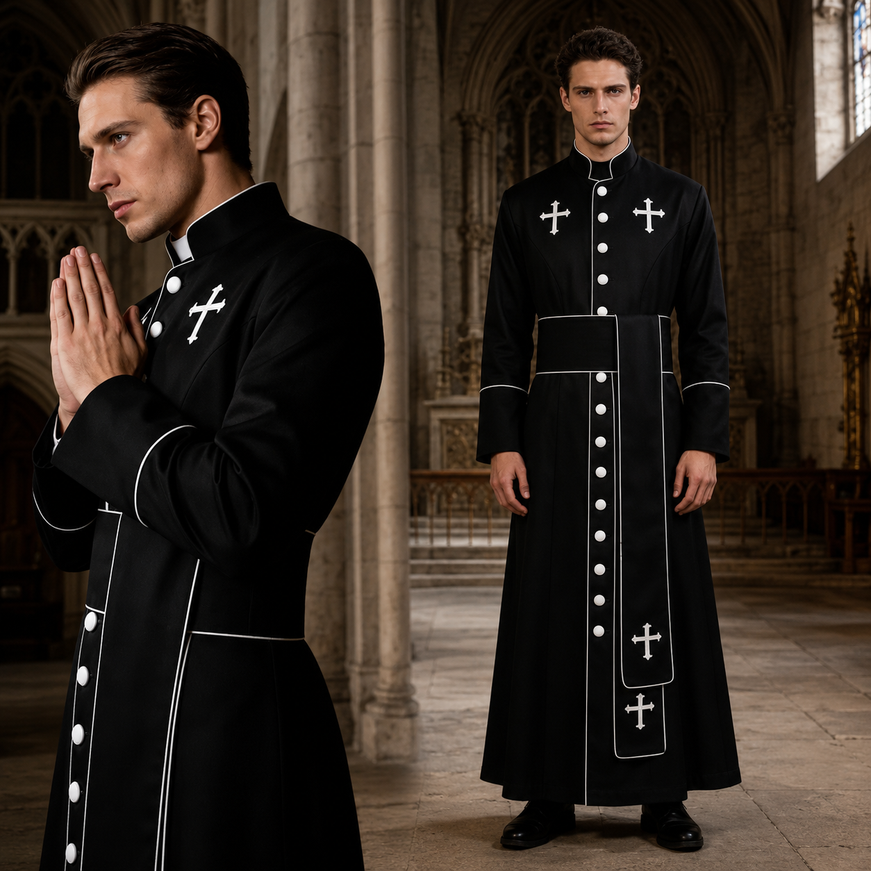 Unisex Clergy Cassock Robe Set with Cross Details