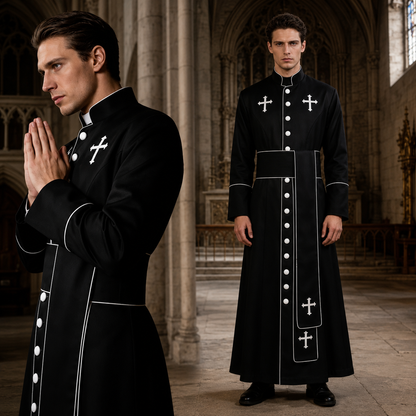 Unisex Clergy Cassock Robe Set with Cross Details