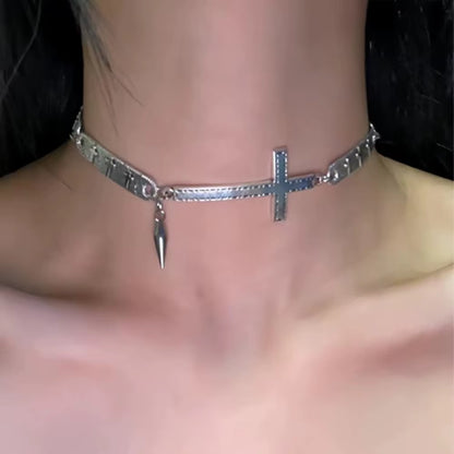 Vintage Punk Choker Necklace Grunge Rock Silver Hip Hop Necklace New Y2K Spliced Cross Necklace Fashion Jewelry